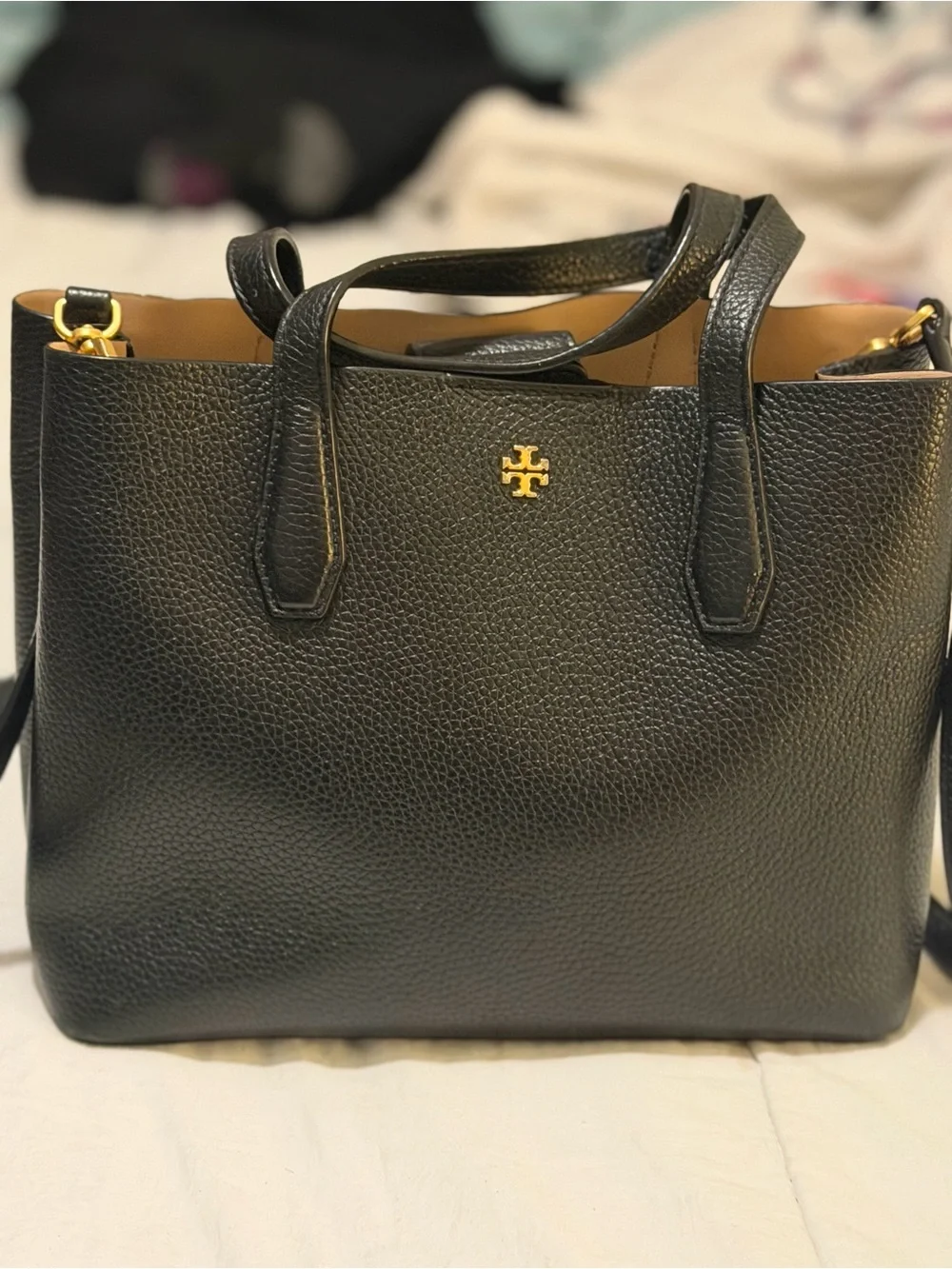 Tory Burch Black Pebbled Leather Tote with Gold Logo